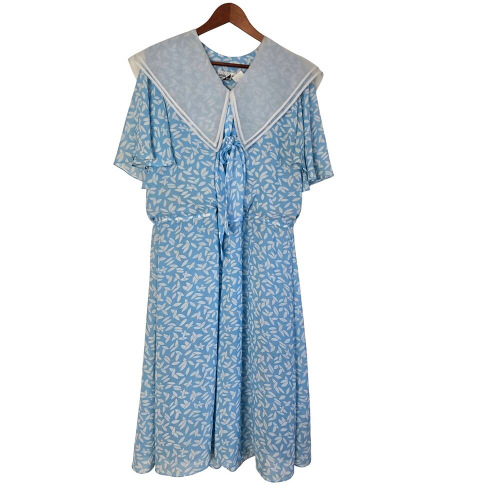 80s Vintage Light Blue Sailor Collar Dress White Leaf Print Flutter Sleeve 14